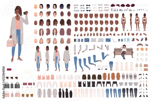 Fashionable girl creation set or DIY kit. Collection of body elements, stylish clothes, gestures, facial expressions. Female cartoon character. Front, side, back views. Flat vector illustration.