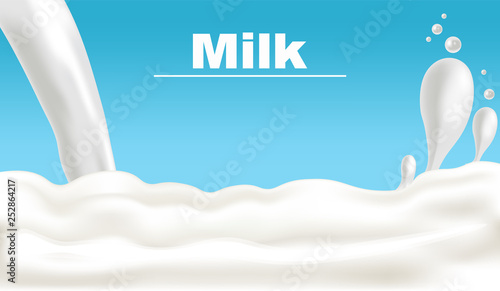 Milk banner Vector realistic. Fresh pouring liquid organic eco product templa...