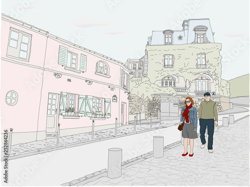 Hand drawn illustration. A couple wanders the beautiful back streets of Montmartre, Paris, on a lovely day.