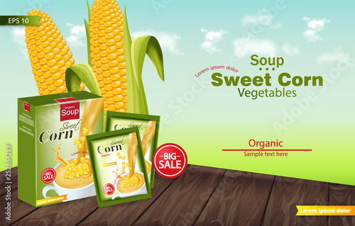 Sweet corn soup Vector realistic. Product placement mock up. Green fields background. 3d illustrations