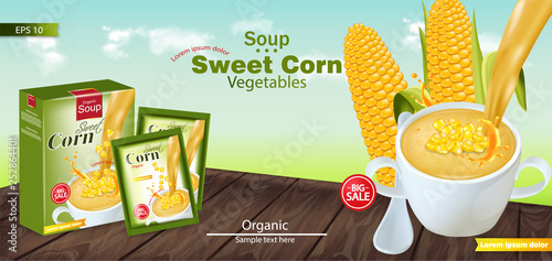 Sweet corn soup Vector realistic. Product placement mock up. Green fields background. 3d illustrations