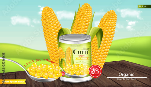 Canned sweet corn Vector realistic. Metal tin. Product package mock up. Label...