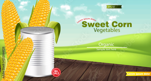 Vector realistic Metal tin. Product package mock up. Sweet corn background. 3d detailed illustrations