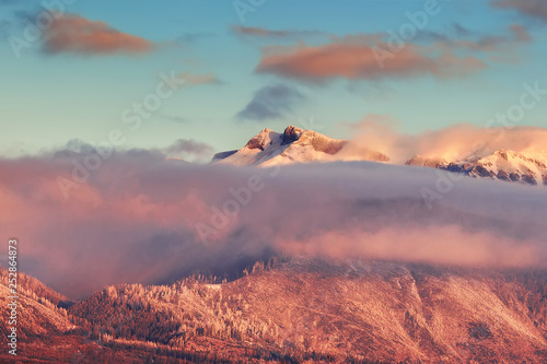 Peaks of High Tatras at dawn, beautiful outdoor winter background