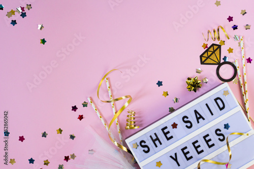 Wedding background. She said yes concept. Flat lay