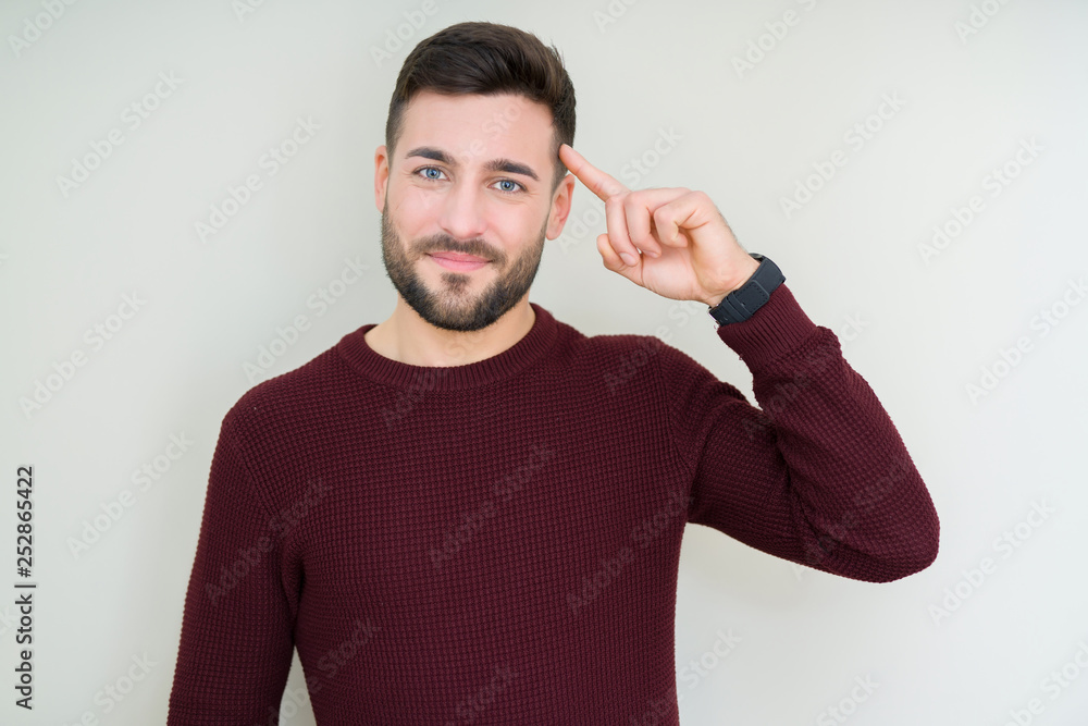 Young handsome man wearing a sweater over isolated background Smiling pointing to head with one finger, great idea or thought, good memory Young handsome man wearing a sweater over isolated background Smiling pointing to head with one finger, great idea or thought, good memory