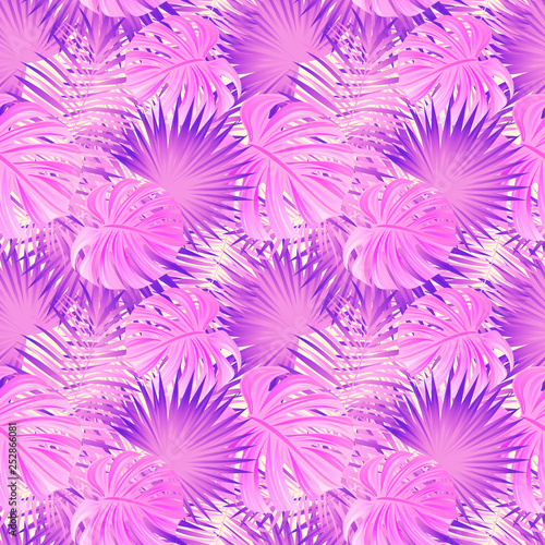 Pink Tropical rainforest seamless pattern. exotic plants vector illustration. jungle background. Foliage texture. beautiful tropic landscape. Summer,spring vacation, travel design. Bright colors.