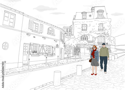 Hand drawn illustration. A couple wanders the beautiful back streets of Montmartre, Paris, on a lovely day.