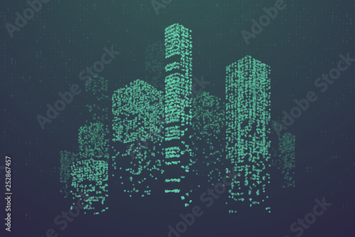 Glowing particles in form of futuristic city skyline. Futuristic dots pattern, abstract binary code illustration