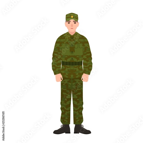 Military man of Russian armed force wearing camouflage army uniform. Soldier, conscript or infantryman isolated on white background. Male cartoon character. Vector illustration in flat cartoon style.