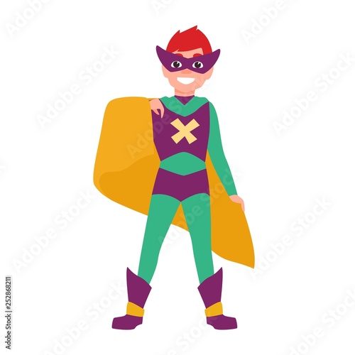 Cute smiling superboy or superchild. Happy boy wearing mask, bodysuit and cape standing in powerful position. Fantastic kid hero or secret agent with super power. Flat cartoon vector illustration. photo