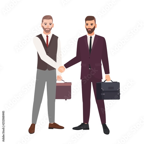 Pair of businessmen, business partners, employees or office workers shaking hands. Professional cooperation between colleagues, partnership, agreement, deal. Vector illustration in flat cartoon style.