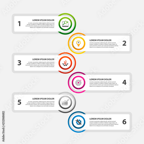 Modern vector illustration. Infographic template with sixelements, circles and text. Step by step. Designed for business, presentations, web design, diagrams with 6 steps