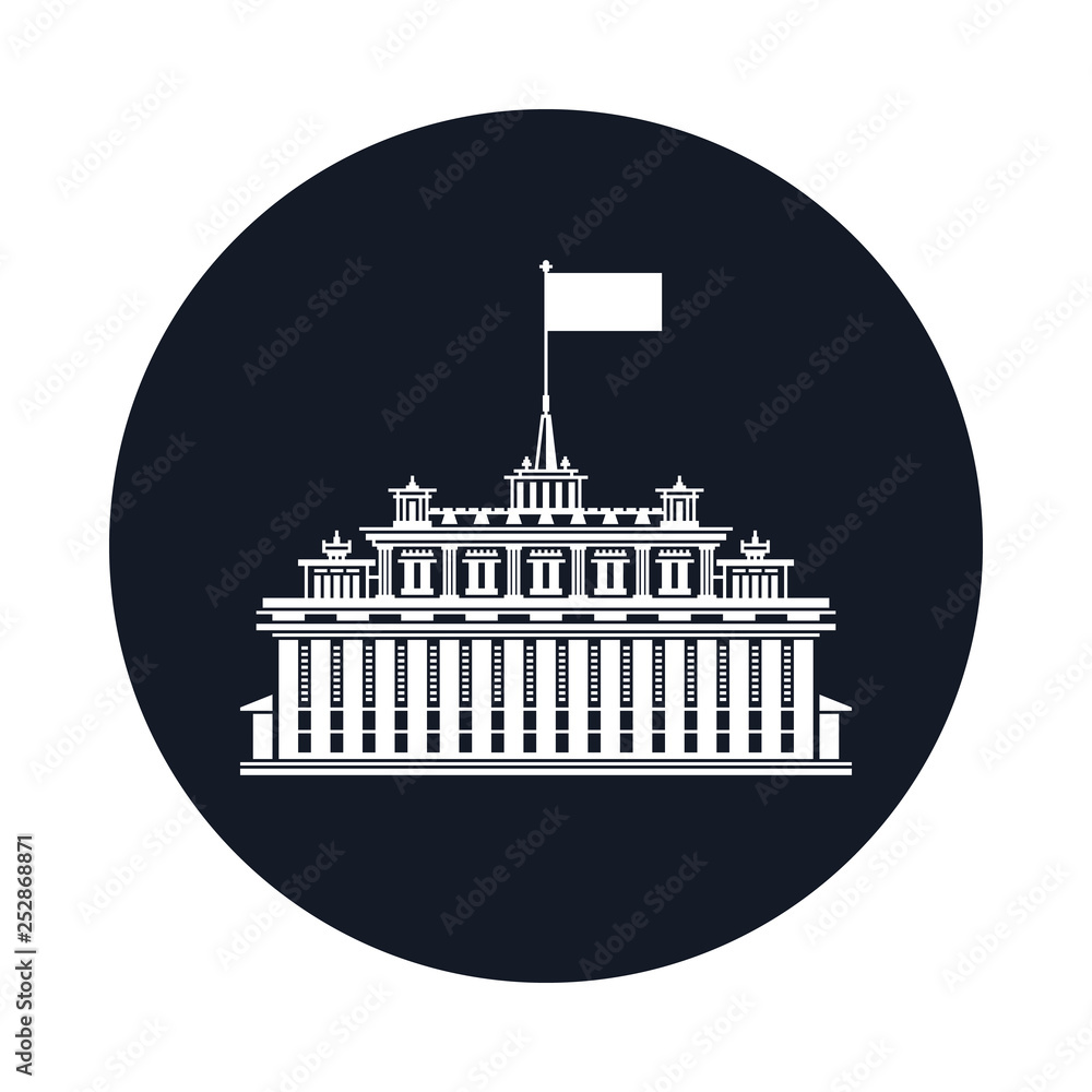 Silhouette Hotel House with a Flag on the Roof Isolated on Black, Icon with Bank or Court, Government Building , Financial Institution, Vector Illustration