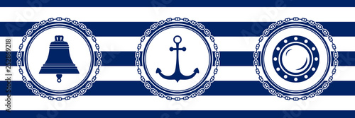 Banner with Sea Emblems on Seamless Striped Marine Background, Ship Bell and Anchor and Porthole , Vector Illustration