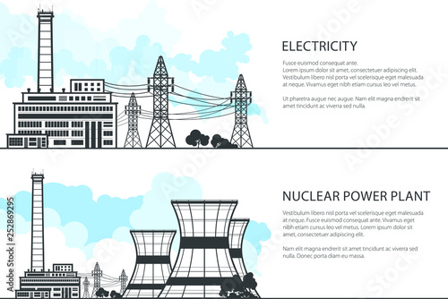 Set of Banners with Electric Transmission, Thermal Power Station and High Voltage Power Lines Supplies Electricity to City, Vector Illustration