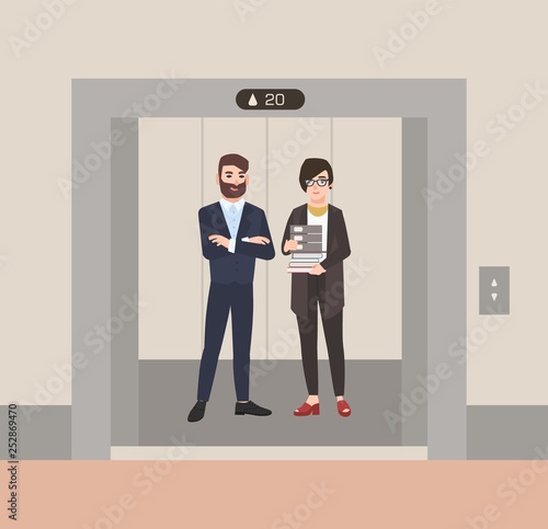 Pair of happy friendly male and female employees or office workers standing in elevator with open doors. Colleagues waiting inside lift stopped on floor of building. Flat cartoon vector illustration.