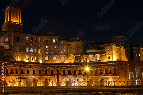 Night view of Trajan's market, the ruins of commercial buildings in the forum of Trajan in Rome. Italy