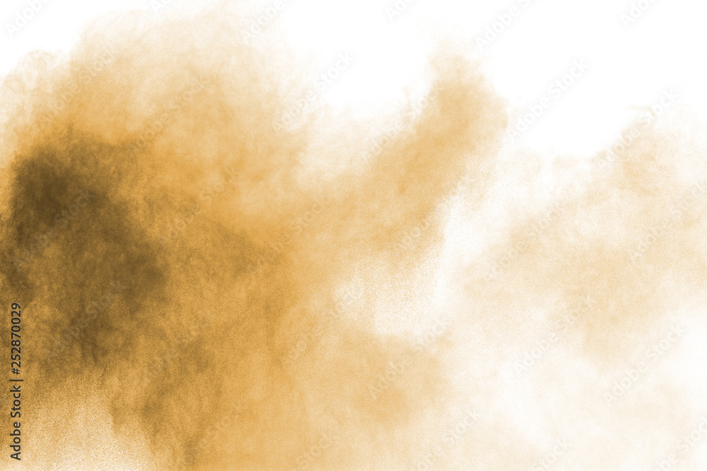 Brown dust cloud.Brown particles splattered on white background.