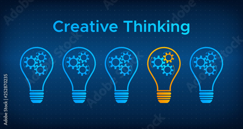 Cogwheel lightbulb creative thinking concept vector illustration. Creative people graphic idea with gear and light bulb. Blue lamp silhouette with orange lamp technology background concept.
