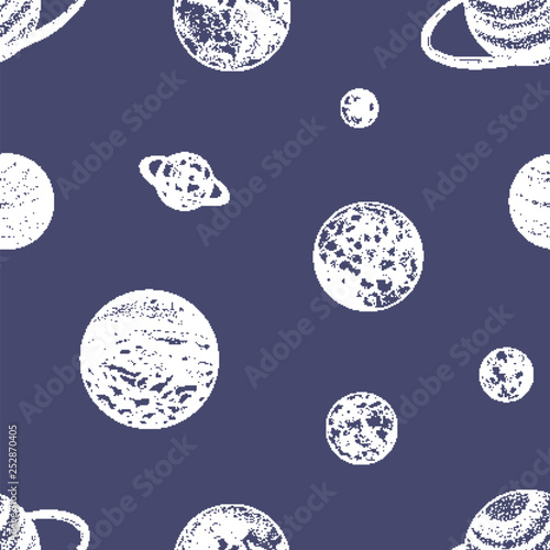 Astronomical seamless pattern with planets and other planetary bodies in outer space