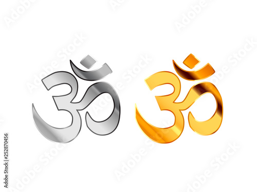 Hinduism religious signs made from glossy silver and gold metall on white