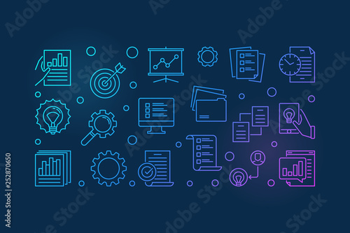 Project Management Planning vector colored outline illustration or banner on dark background