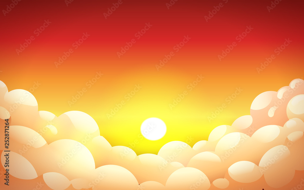 Red sunset sky in yellow-orange color with fluffy clouds