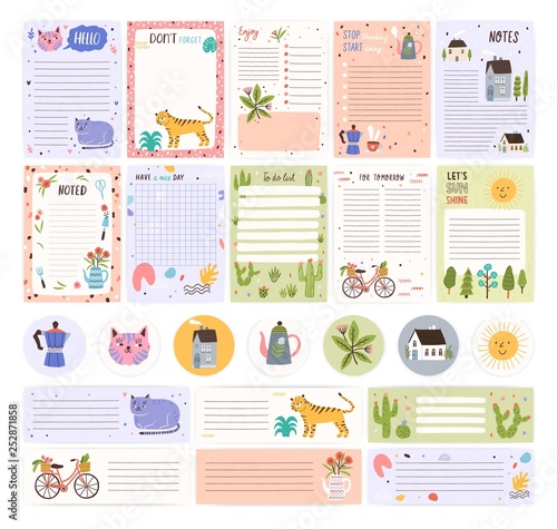 Collection of weekly or daily planner pages or stickers, sheet for notes and to do list templates decorated by cute cartoon animals and plants. Modern scheduler or organizer. Flat vector illustration.