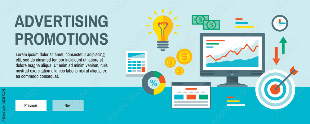 Infographic finance concept vector illustration in flat design style. Website analytics statistic. Advertising promotion horizontal web banner. Computer, lightbulb, target, money dollar. SEO. Infographic finance concept vector illustration in flat design style. Website analytics statistic. Advertising promotion horizontal web banner. Computer, lightbulb, target, money dollar. SEO.