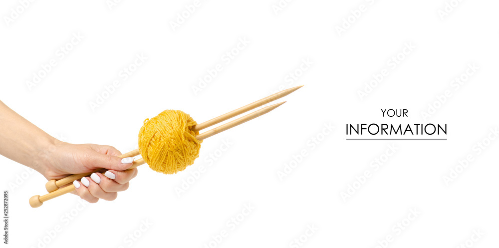 Knitting yarn needles in hand pattern isolated on white background