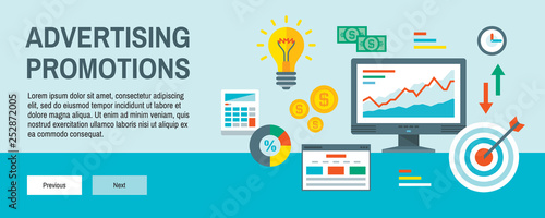 Infographic finance concept vector illustration in flat design style. Website analytics statistic. Advertising promotion horizontal web banner. Computer, lightbulb, target, money dollar. SEO. 