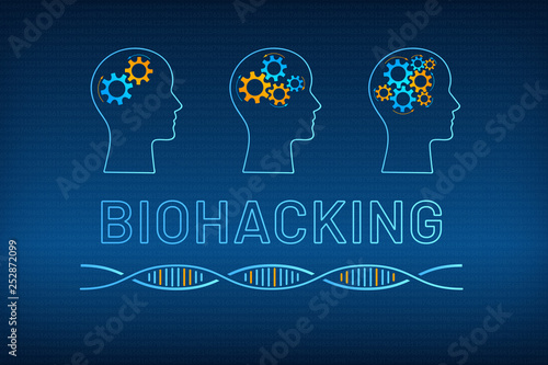 Head silhouette with gear brain bio hacking concept vector illustration. Face profile with improved gear mechanism brain, blue, orange dna molecule helix and big sign biohacking on digital background photo