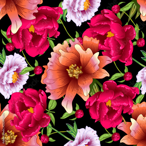 Wallpaper Mural Vector red and pink peony floral botanical flowers. Engraved ink art. Seamless background pattern. Torontodigital.ca