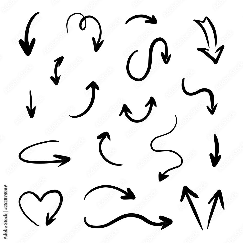 Set, collection of black hand drawn, doodle arrows isolated on white background. Set, collection of black hand drawn, doodle arrows isolated on white background.
