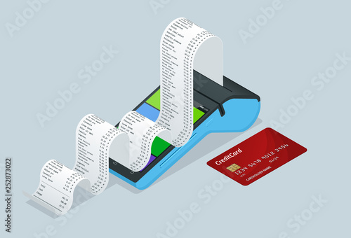 Vector payment machine and credit card. POS terminal confirms the payment by debit credit card, invoce. Vector illustration in flat design. NFC payments concept. Isometric NFC payments concept