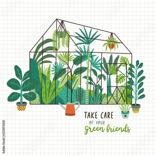 Plants growing in pots or planters inside glass greenhouse and Take Care Of Your Green Friends slogan. Glasshouse or botanical garden. Concept of home gardening. Modern flat vector illustration.