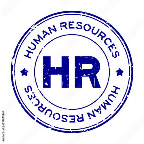 Grunge blue HR word (Abbreviation of Human Resources) round rubber seal stamp on white background