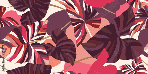 Decorative tropical leaves in violet-pink tones. Seamless pattern. Vector illustration