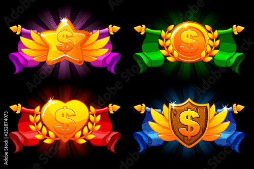 Receiving the cartoon achievement game screen. Vector Dollar, heart, star and Shield medals. For game, user interface, banner, application, game development.
