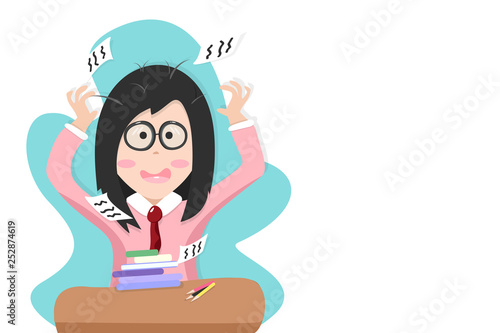 Back to school, girl nervous with examination test, people student cartoon character vector illustration
