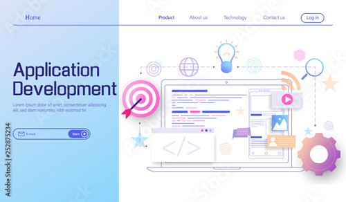 Application Development and web development modern flat design concept, landing page of mobile app coding and programming cross platform devices vector.