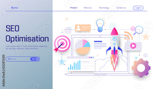 SEO optimization technology modern flat design, search engine analytics, web analytics, social and data analytics vector