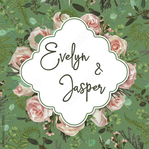 Wedding vertical floral invitation, invite card. Vector set pink rose flowers, eustoma cream, brunia, green fern, eucalyptus, branches buxus. Geometric decorative, exquisite frame with carved