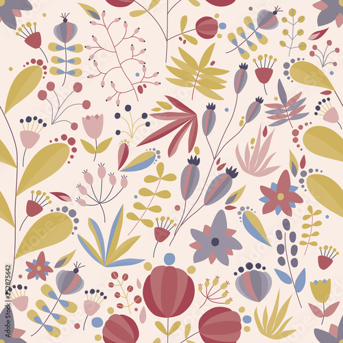 Spring seamless pattern with blooming garden flowers and leaves on light back...