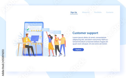 Web banner template with technical online consultant or manager wearing headp...