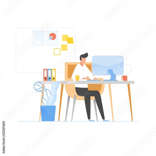 Programmer or coder sitting at desk and working on computer. Work in software development and testing, programming or program coding. Office worker or employee. Modern flat vector illustration.