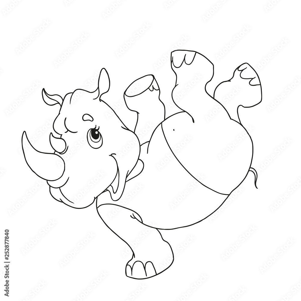 Cheerful character rhino. Rhino dancing. Cartoon character for coloring book. Character for children's creativity. Vector isolated. Cheerful character rhino. Rhino dancing. Cartoon character for coloring book. Character for children's creativity. Vector isolated.