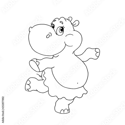 Cheerful hippo dancing. Vector cartoon character Hippo. Page for coloring book. Hippo for coloring. Object for children's creativity. Vector isolated.