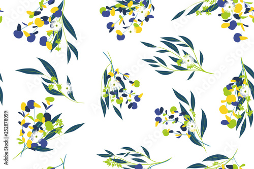 Eucalyptus Vector. Colorful Seamless Pattern with Vector Leaves, Branches and Floral Elements. Elegant Background for Wedding Design, Fabric, Textile, Dress. Eucalyptus Vector in Watercolor Style.